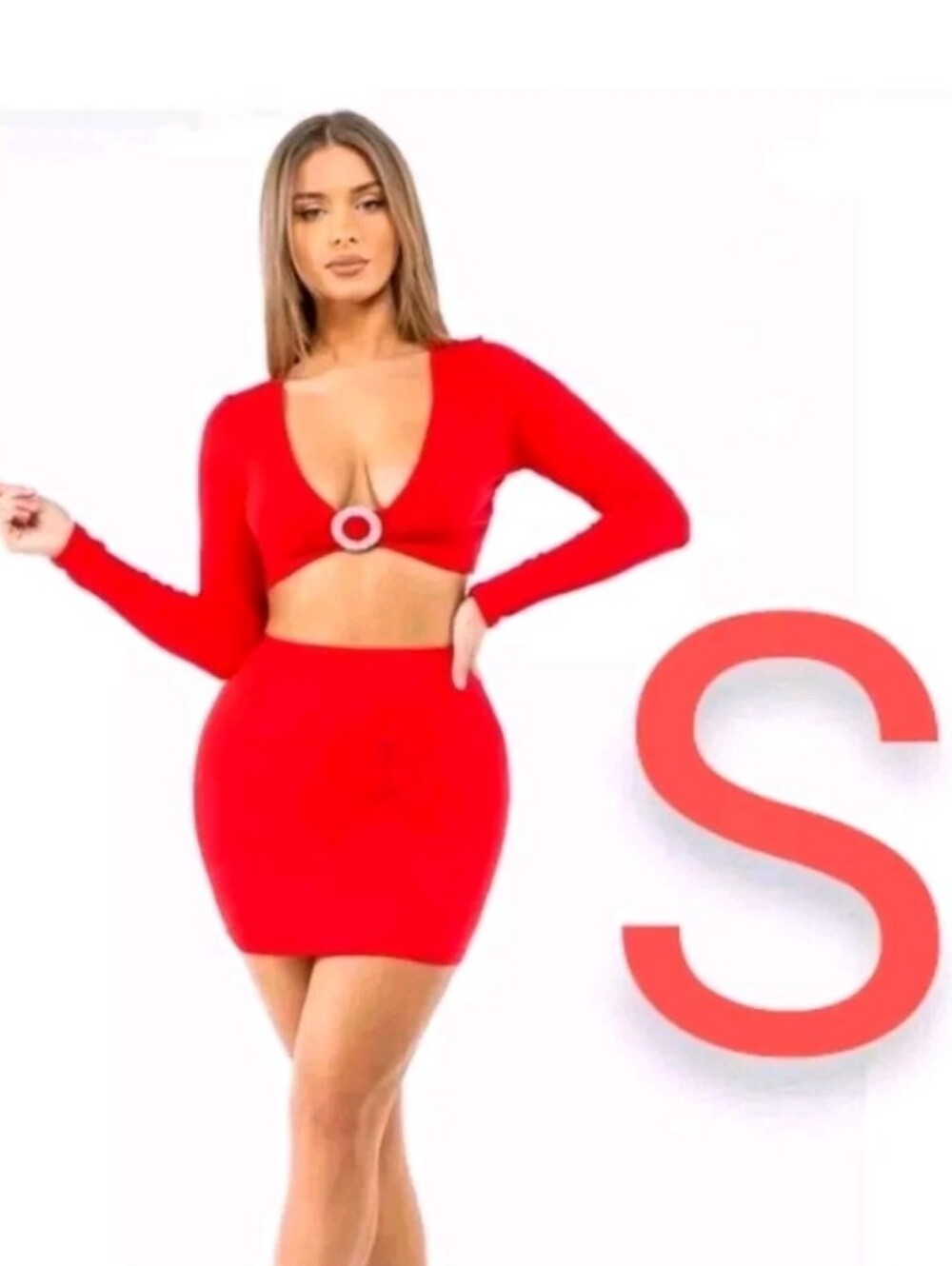 🆕Red Crop Top Diamond Rhinestone Gemstones O-Ring & High Rise Skirt Set~Size S